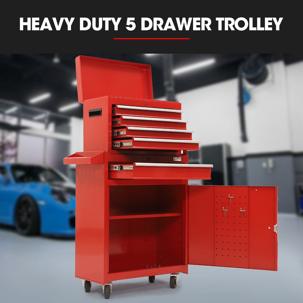 5 Drawer Tool Box Cabinet and Chest with Door Red