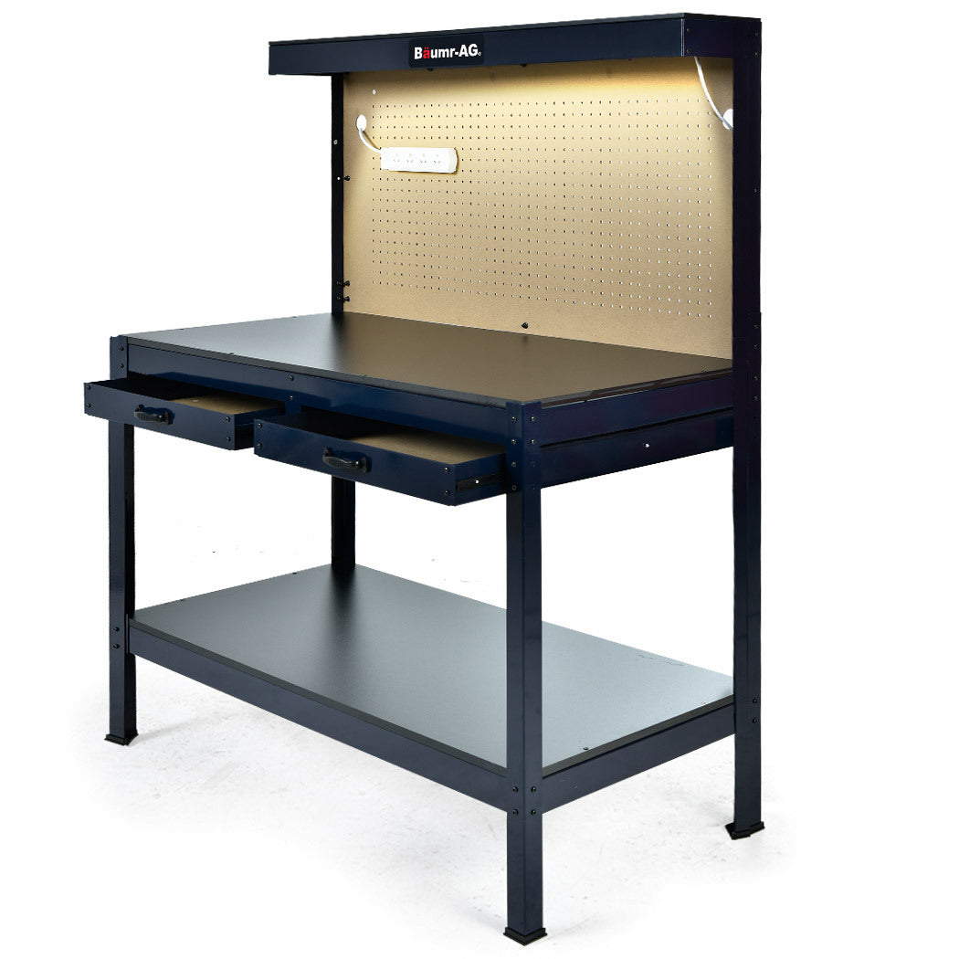 Steel Garage Workbench with Pegboard and LED Light, 120cm