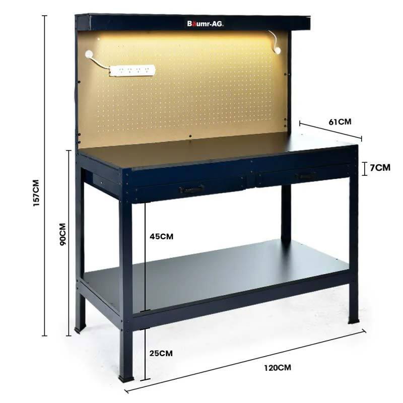 Steel Garage Workbench with Pegboard and LED Light, 120cm