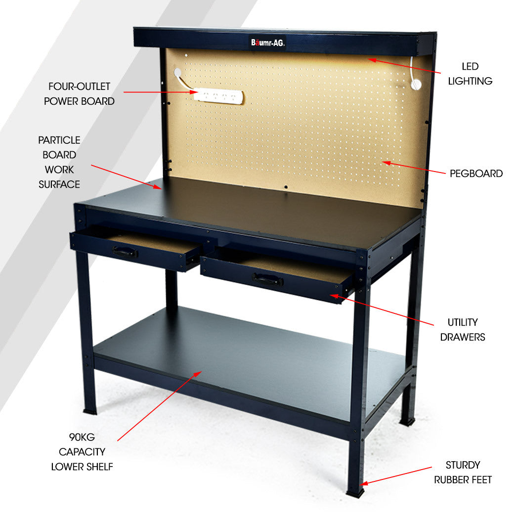 Steel Garage Workbench with Pegboard and LED Light, 120cm