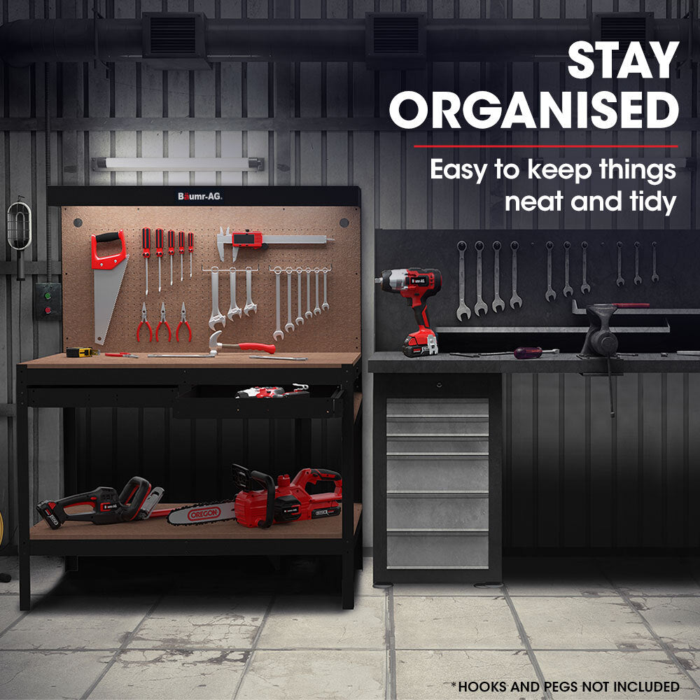 Steel Garage Workbench with Pegboard and LED Light, 120cm