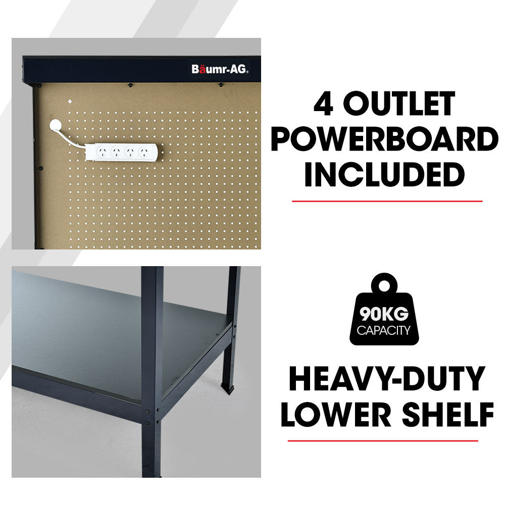 Steel Garage Workbench with Pegboard and LED Light, 120cm
