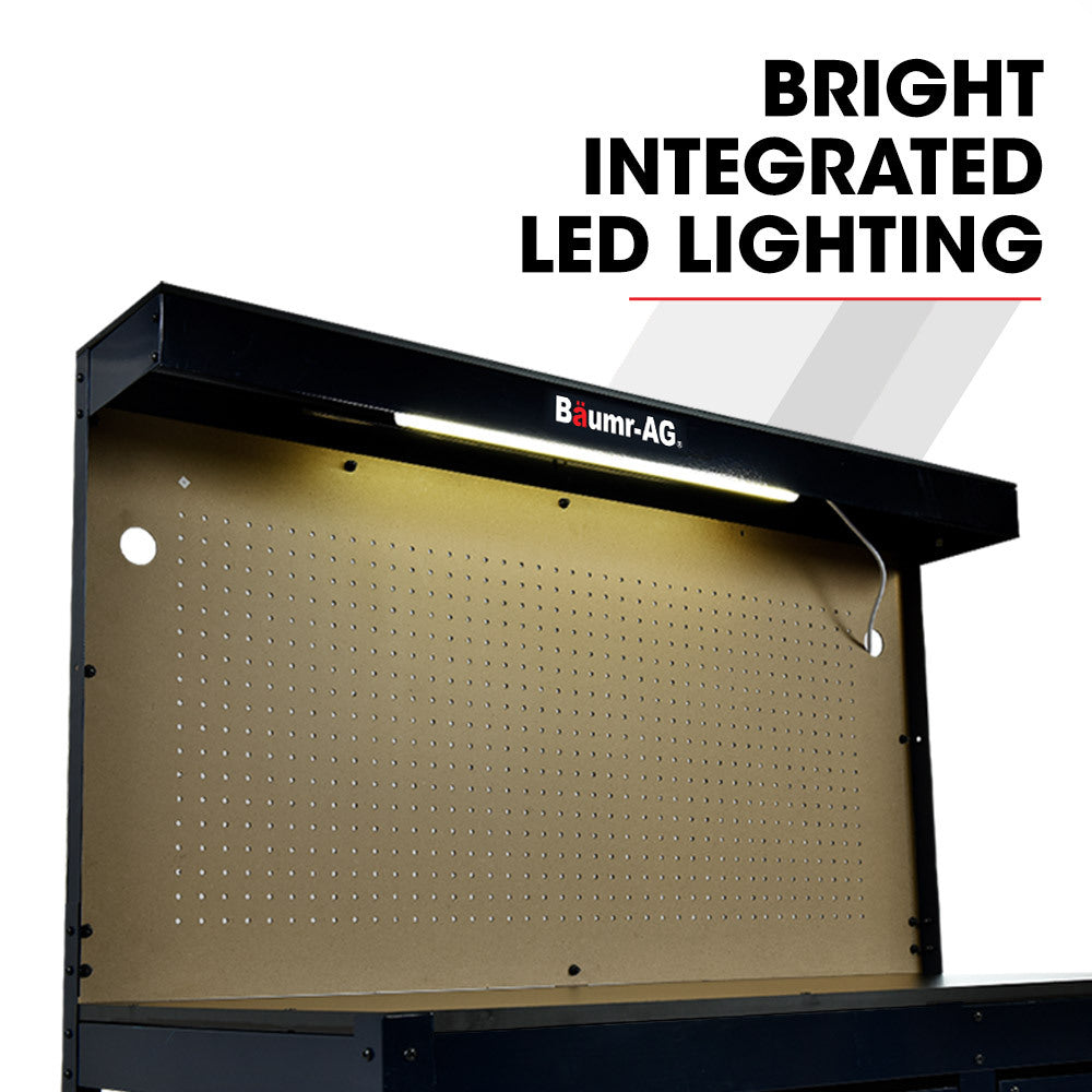 Steel Garage Workbench with Pegboard and LED Light, 120cm