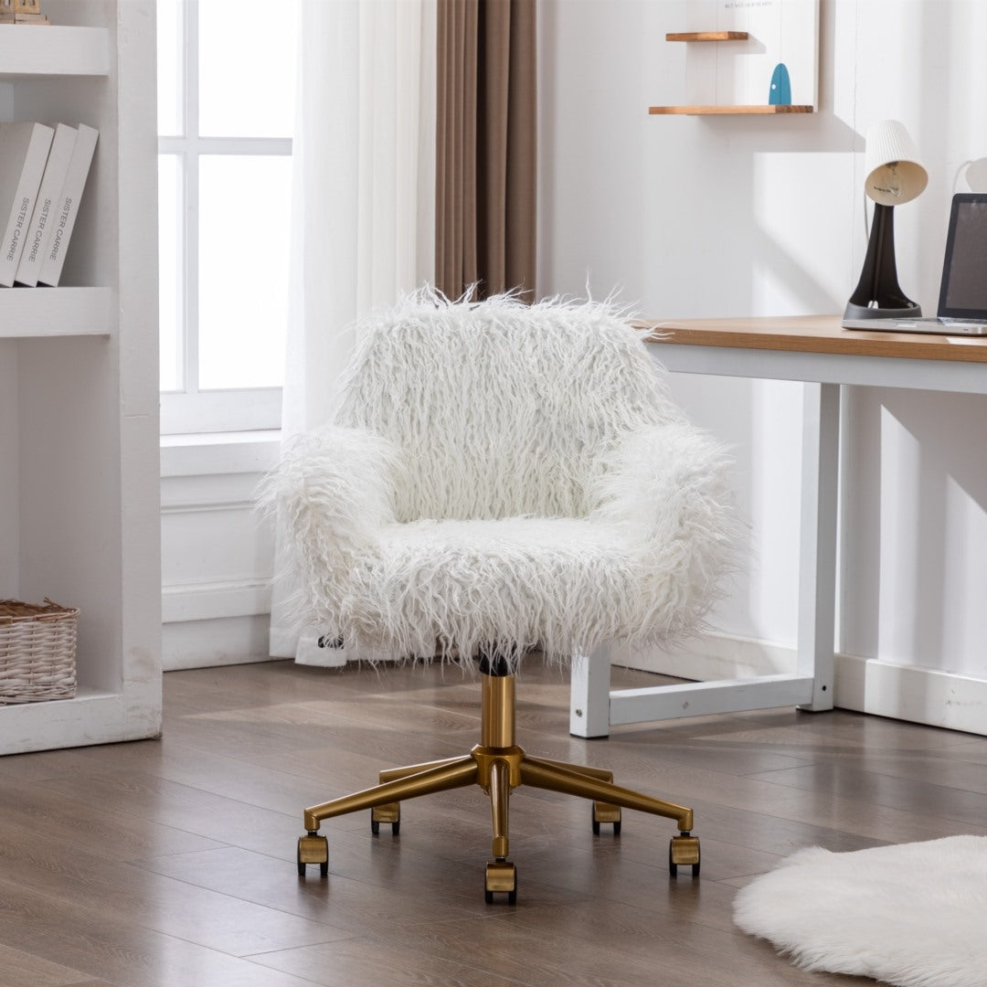 Fluffy White Faux Fur Swivel Desk Chair — Allure Home Collections