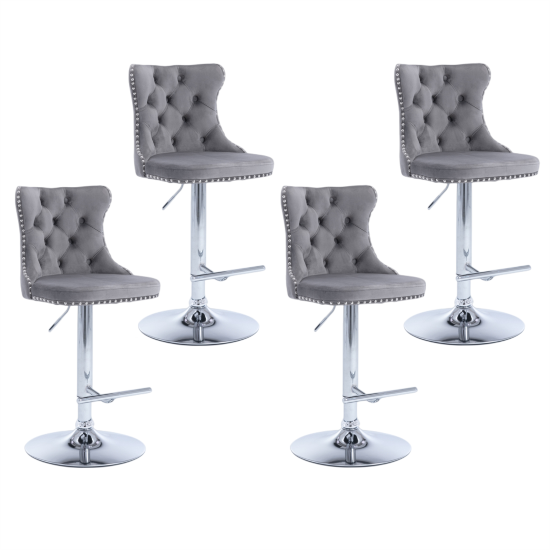 Four velvet bar stools with gold base in styled kitchen — Allure Home Collections