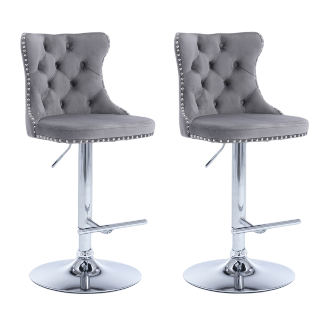 Height adjustable velvet studded swivel bar stool pair with chrome base — Allure Home Collections