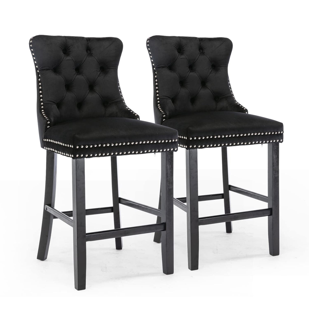Velvet bar stools with stud trim wooden legs and tufted back — pair — Allure Home Collections