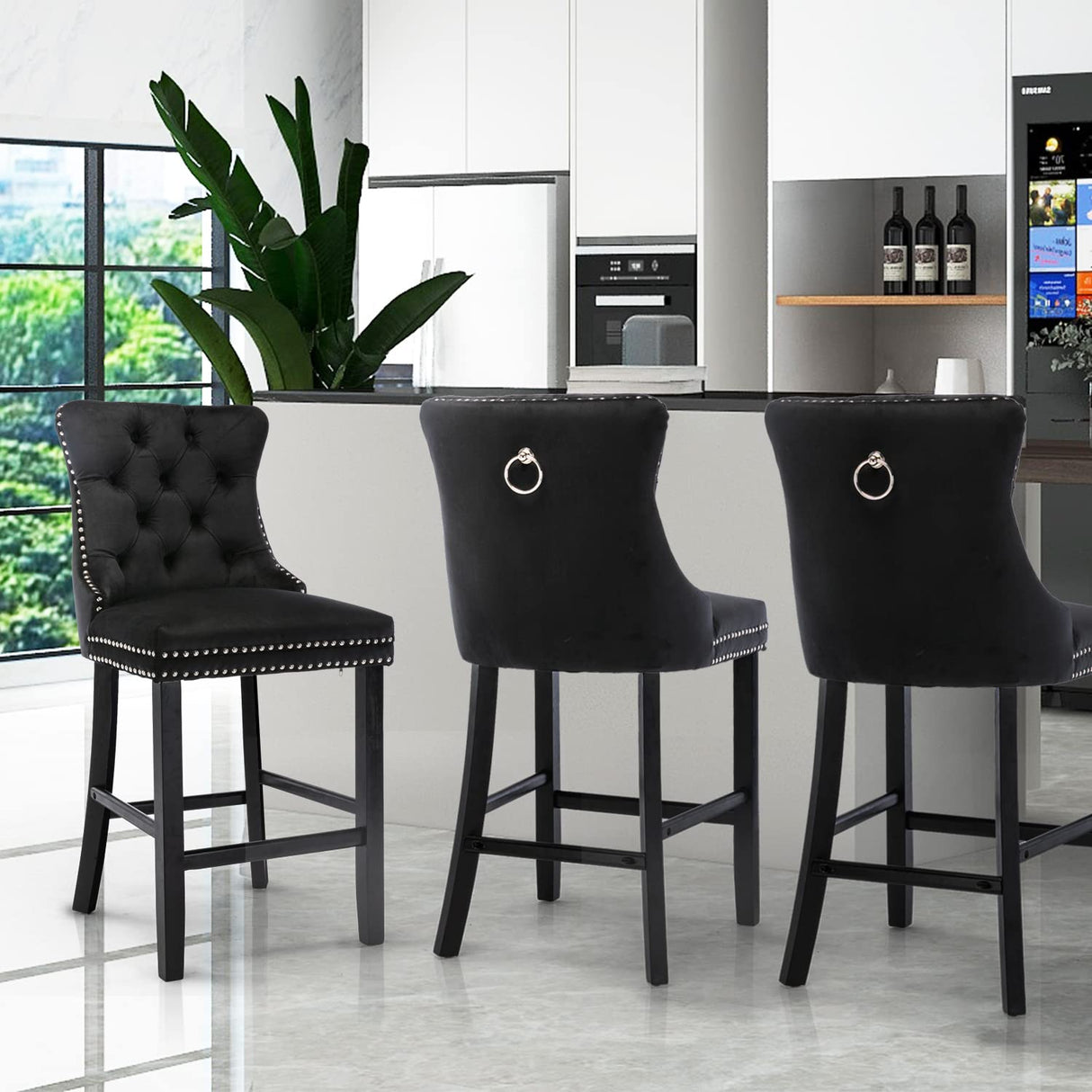 Wooden leg detail on velvet studded bar stool — Allure Home Collections