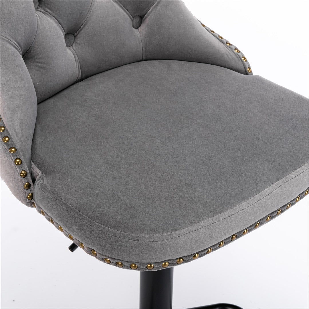 Velvet nailhead bar stool chrome base and footrest detail — Allure Home Collections
