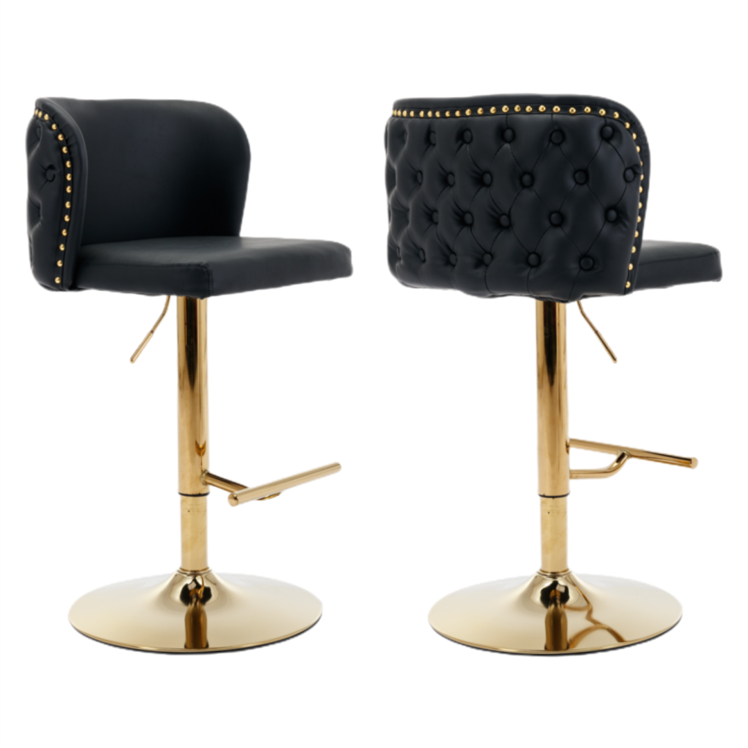 Faux leather bar stool gold base and swivel seat detail close-up — Allure Home Collections