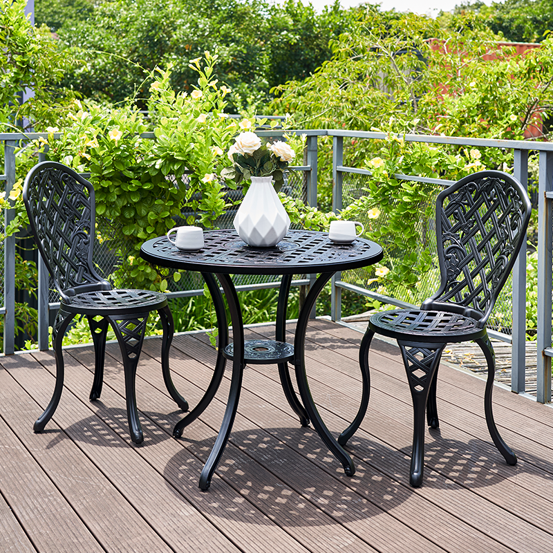 3 piece black aluminium outdoor setting with two chairs and table
