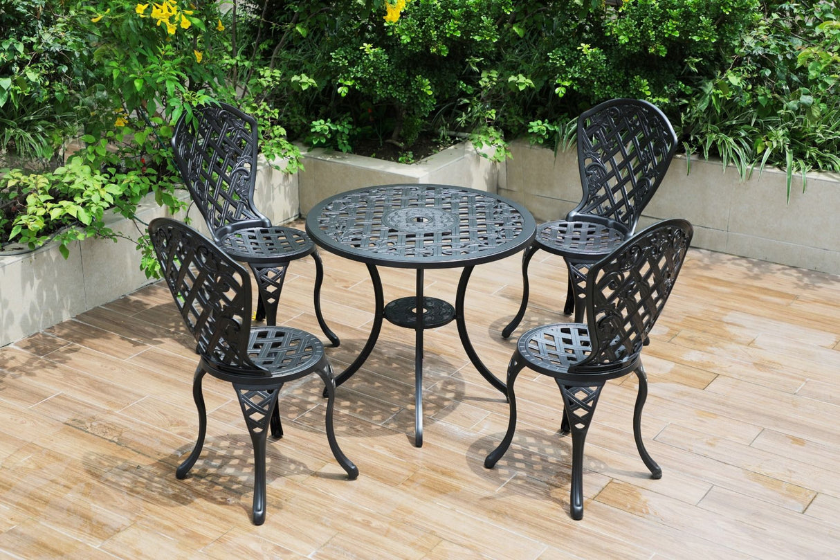 5 piece black aluminium outdoor setting with four chairs and table