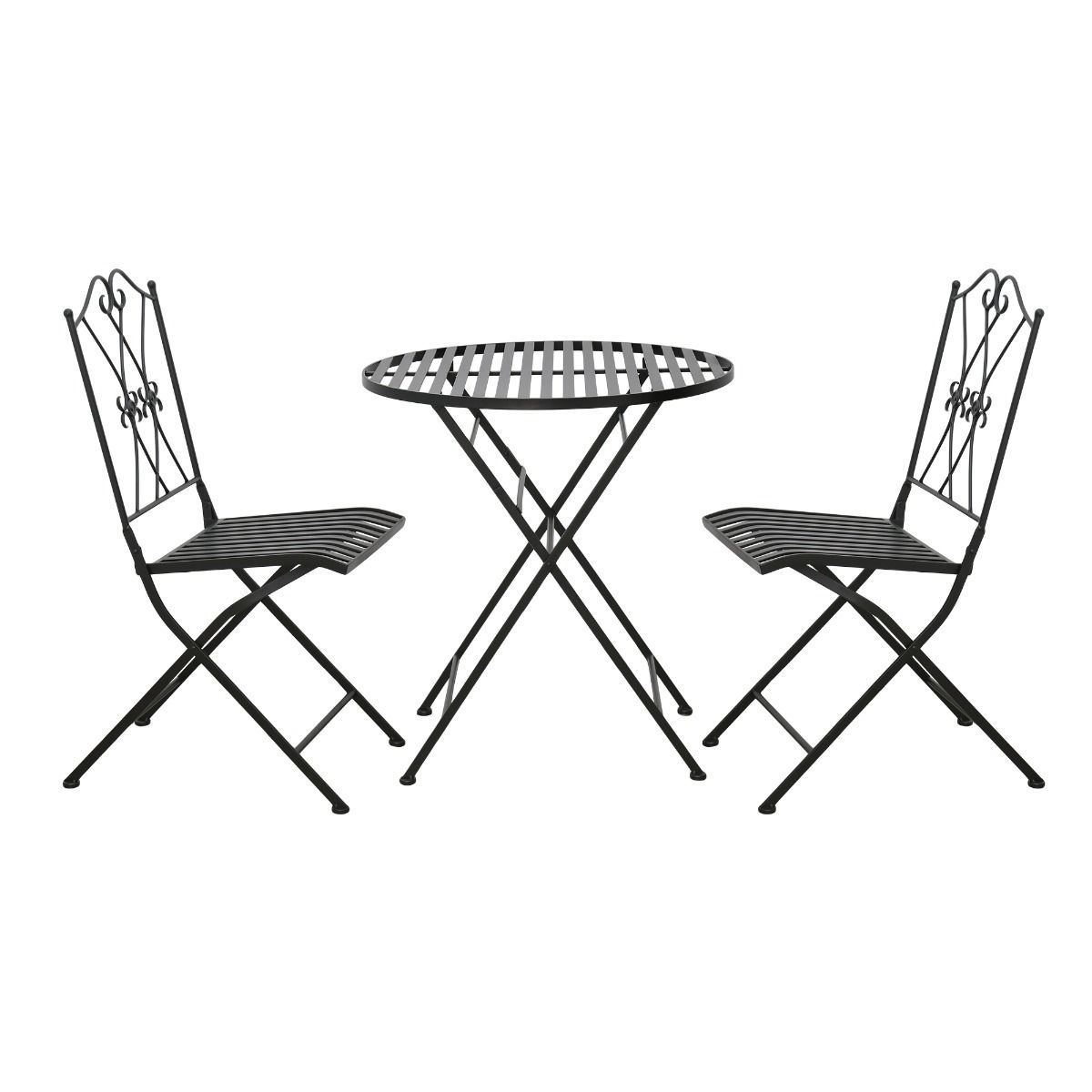 Black iron bistro chair with scrollwork and slatted seat