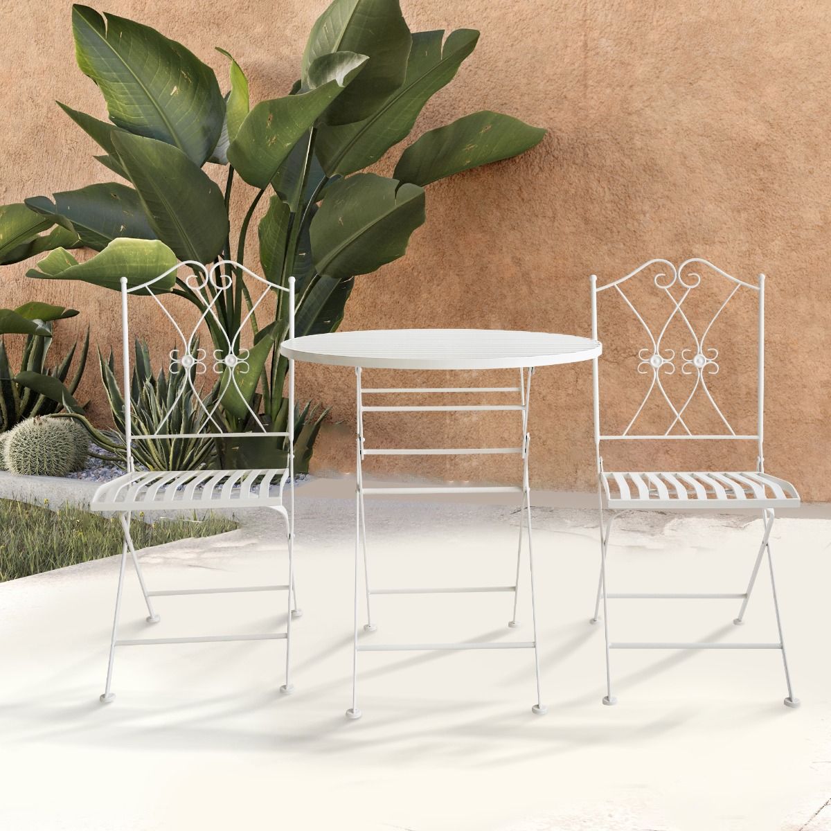 3 piece white iron outdoor bistro set with round folding table and two chairs