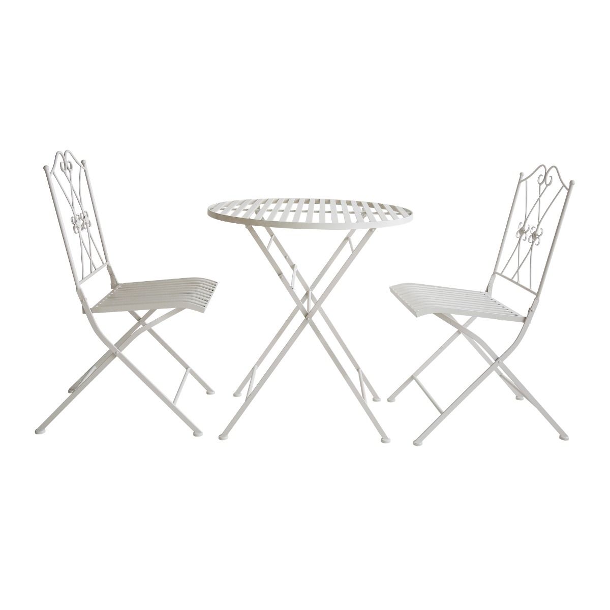White iron bistro chair with scrollwork and slatted seat