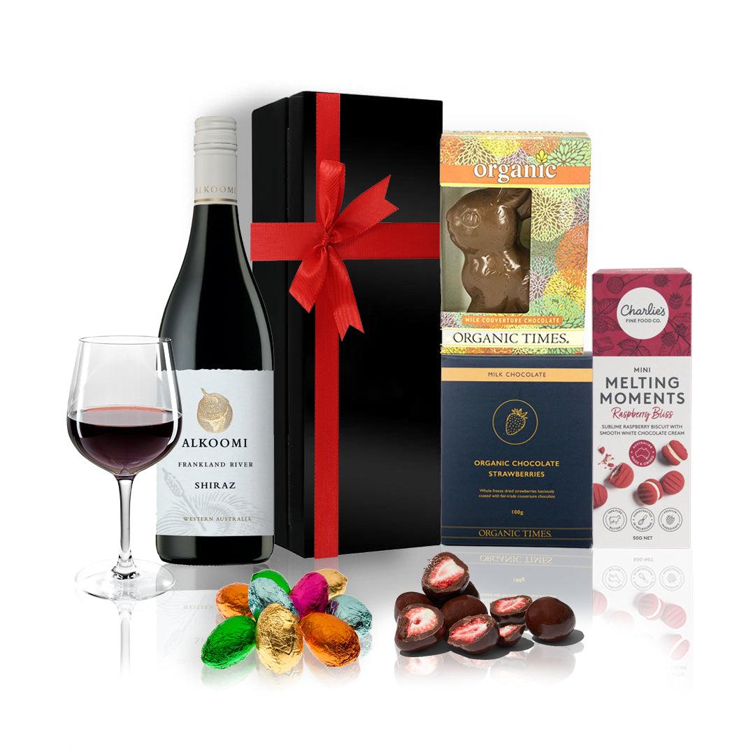 Easter Wine and Chocolate Gift Hamper in a black box with a red bow