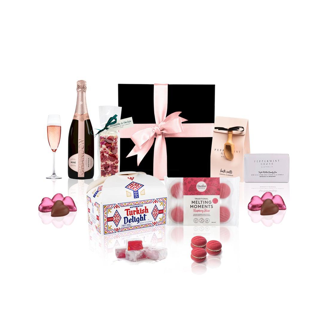 Pink Pamper Gift Hamper in a black box with a pink bow