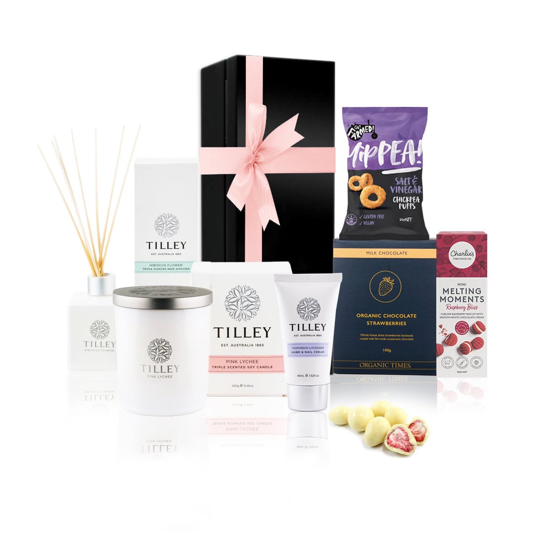 Self Pamper Gift Hamper in a black box with a pink bow