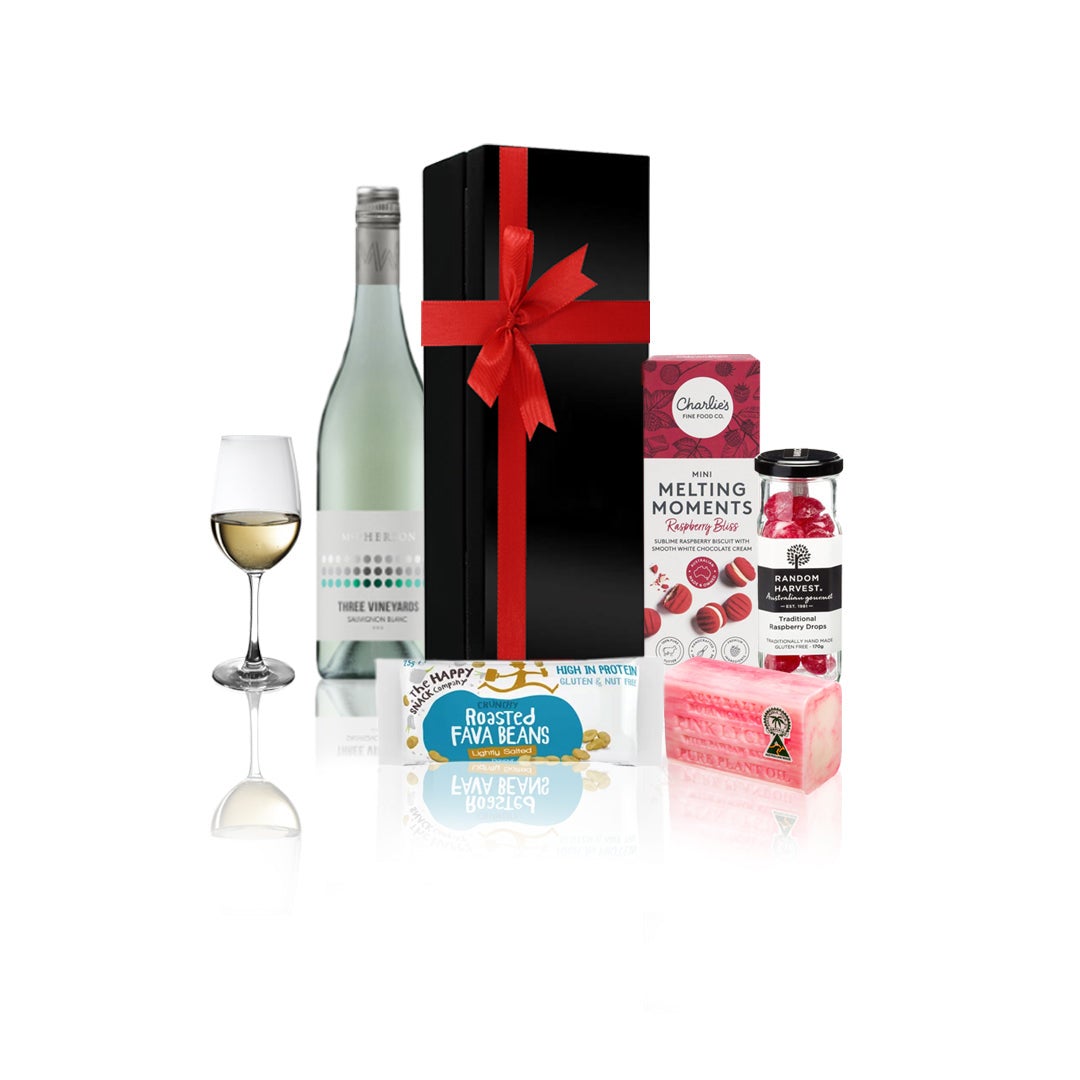 Limoux wine and snacks gift hamper of premium Australian wine with artisan snacks and sweets in a black gift box with red bow