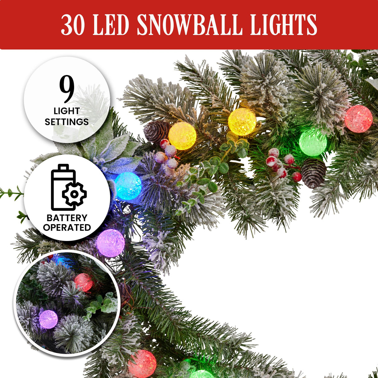 Snowy Crown Pine Pre-Lit Christmas Garland