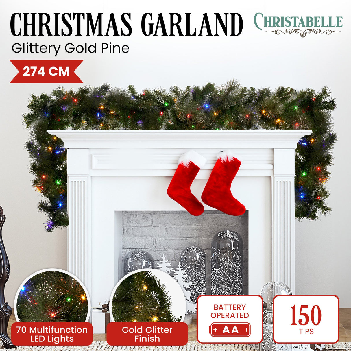Glittery Gold LED Christmas Garland 2.7m