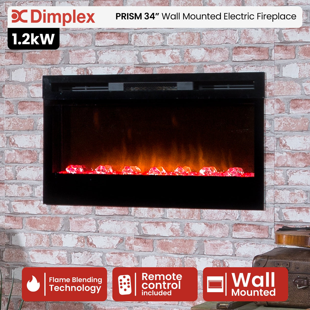 Linear electric fireplace showing orange flame effect on the wall