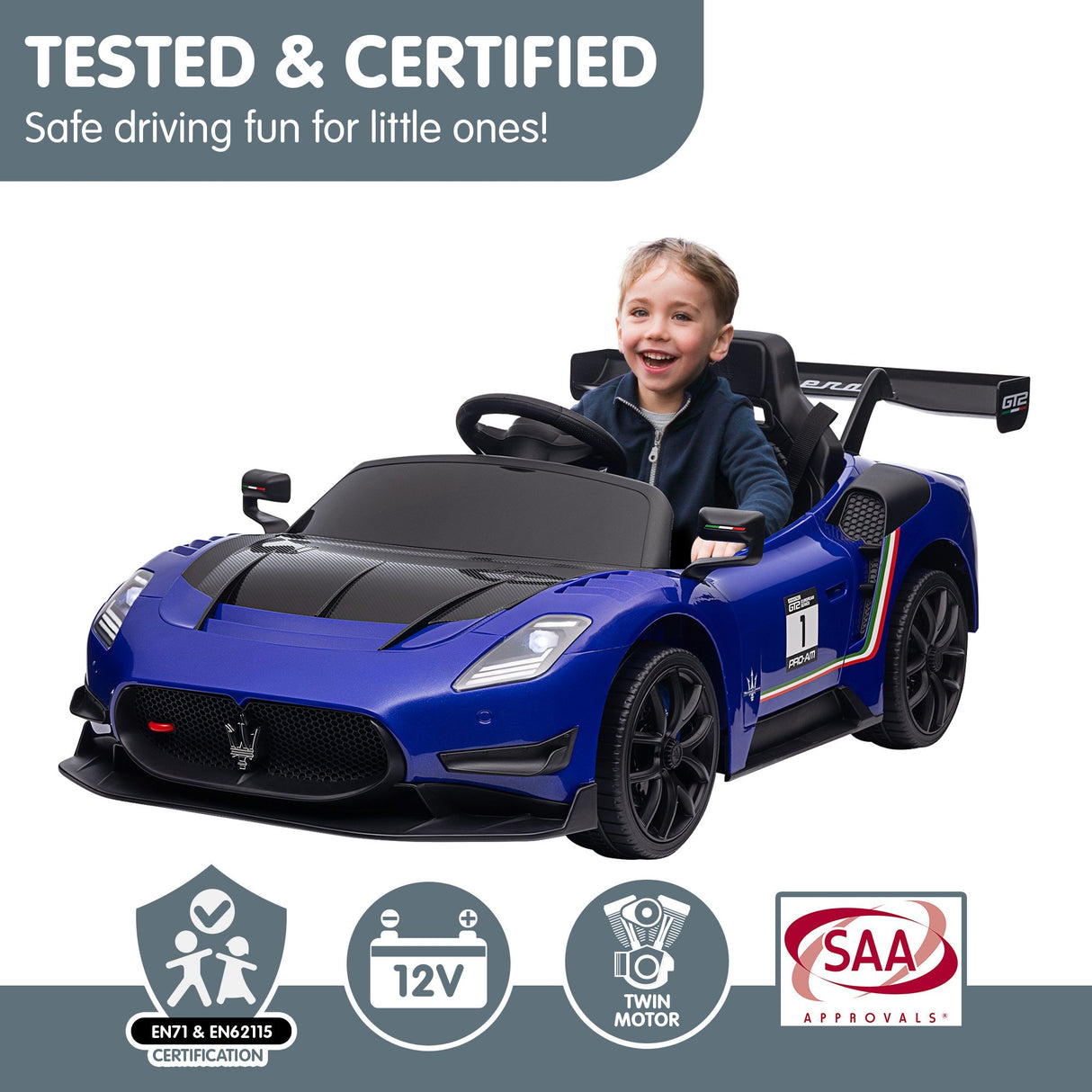 Longcross Kids Ride On Car, 12V Electric Race Car, Blue