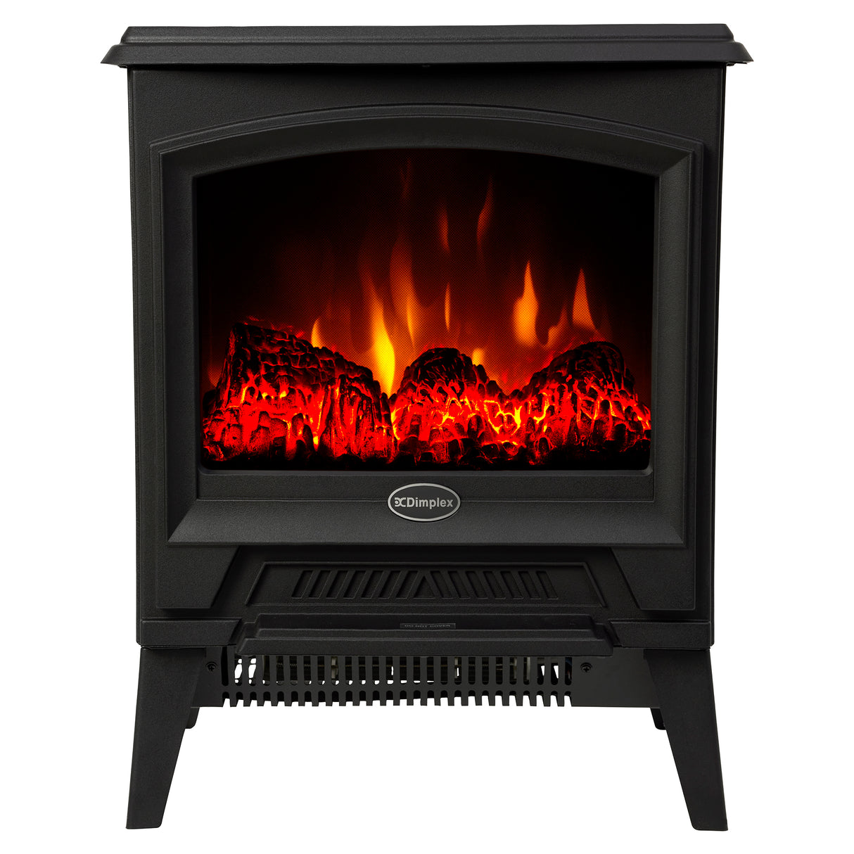 Black 2 kW portable electric stove with flame effect over a lava rock fuel bed