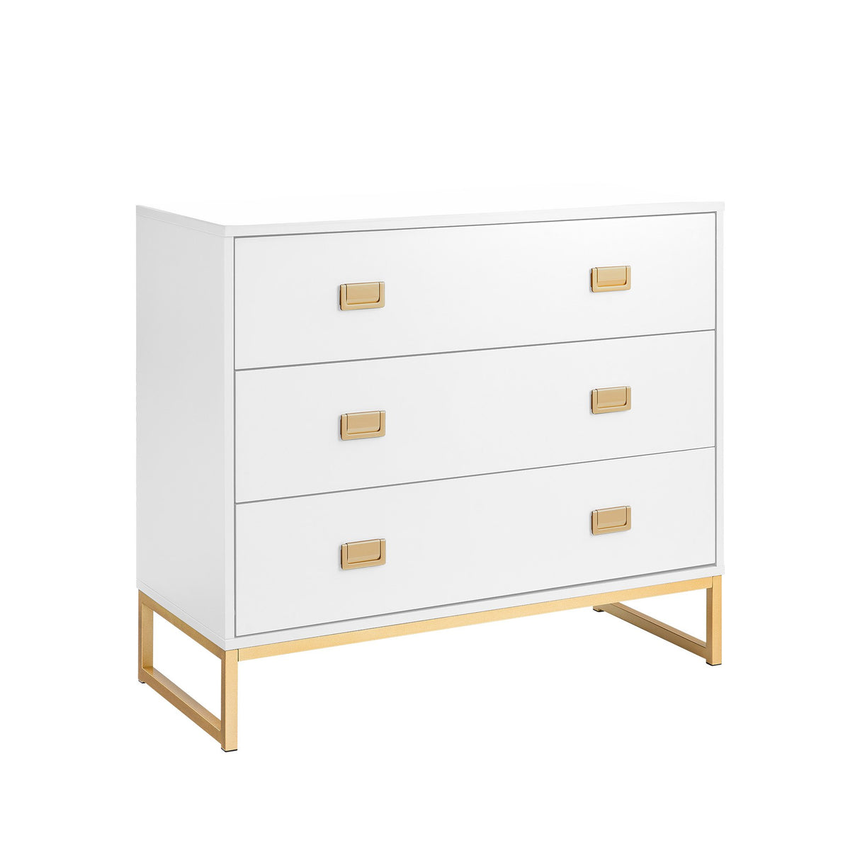 Zuheros three drawer tallboy dresser in white and gold