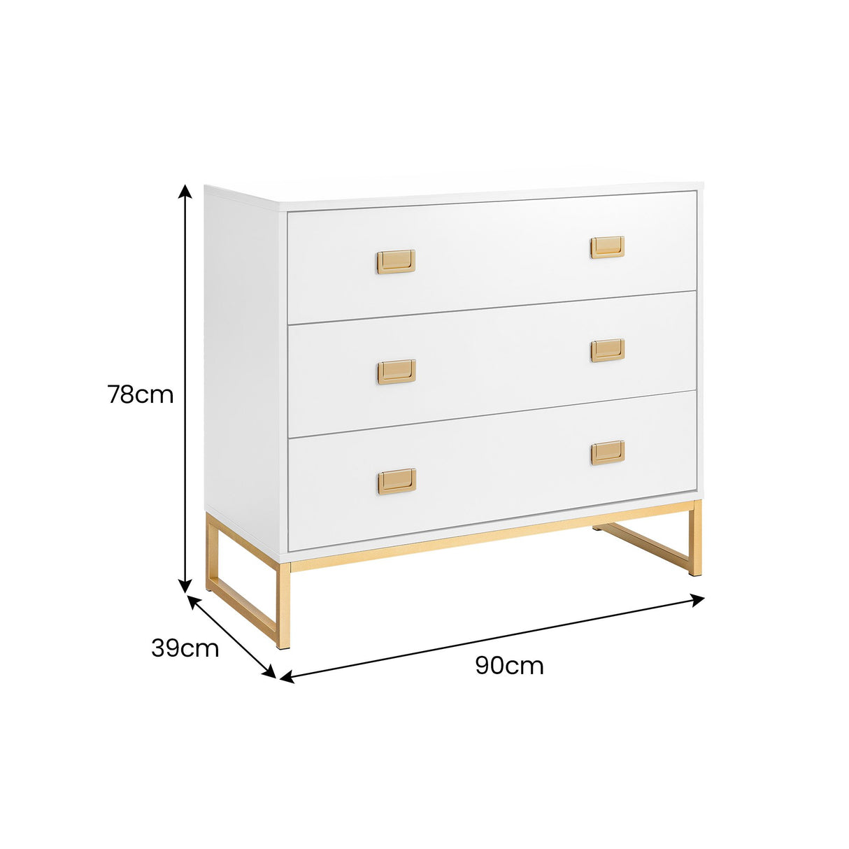 Zuheros Tallboy Dresser, 3 Drawer, White and Gold
