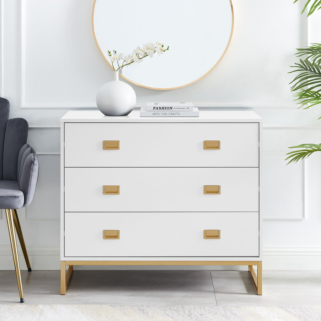 Zuheros Tallboy Dresser, 3 Drawer, White and Gold