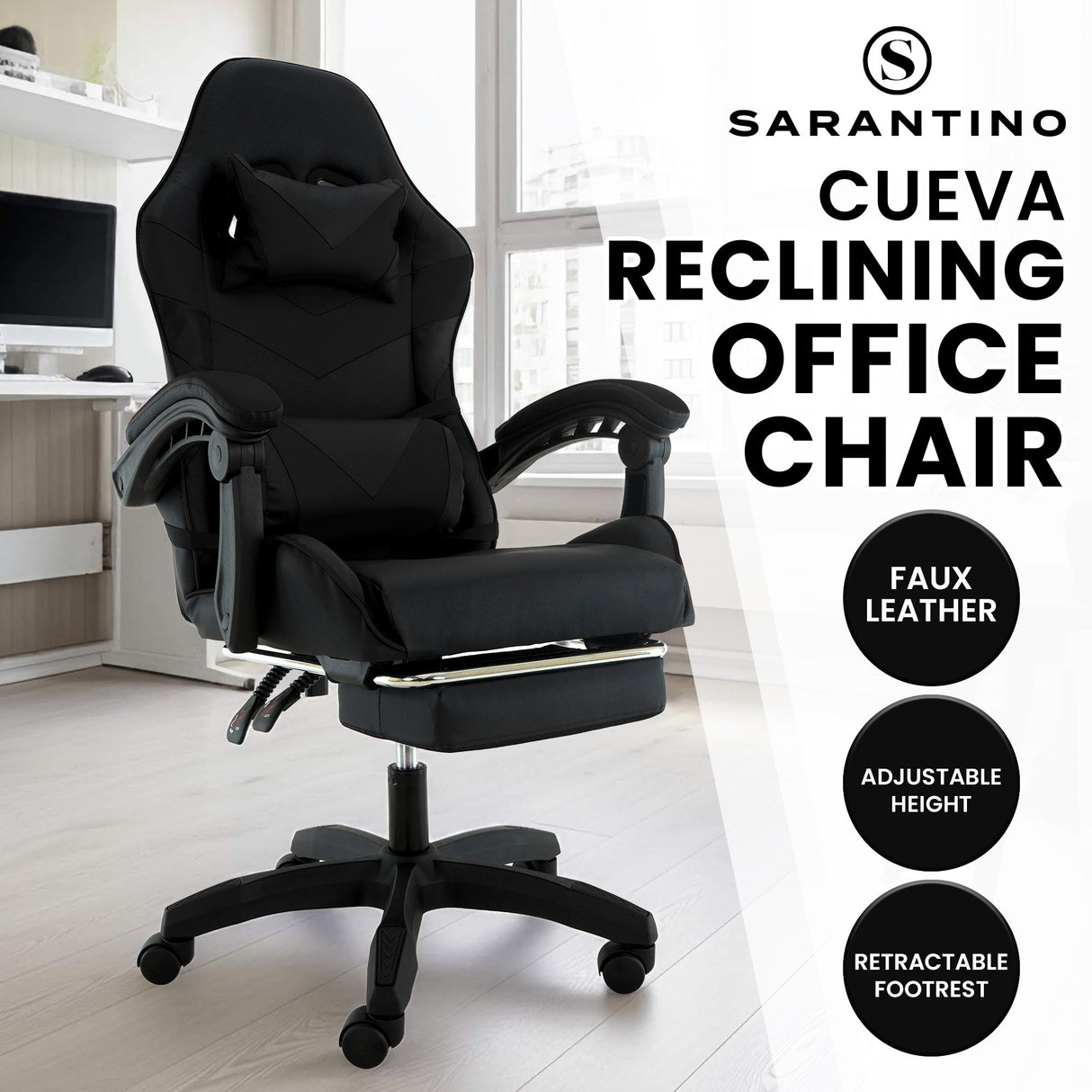 Gracetown black faux leather reclining gaming chair with footrest