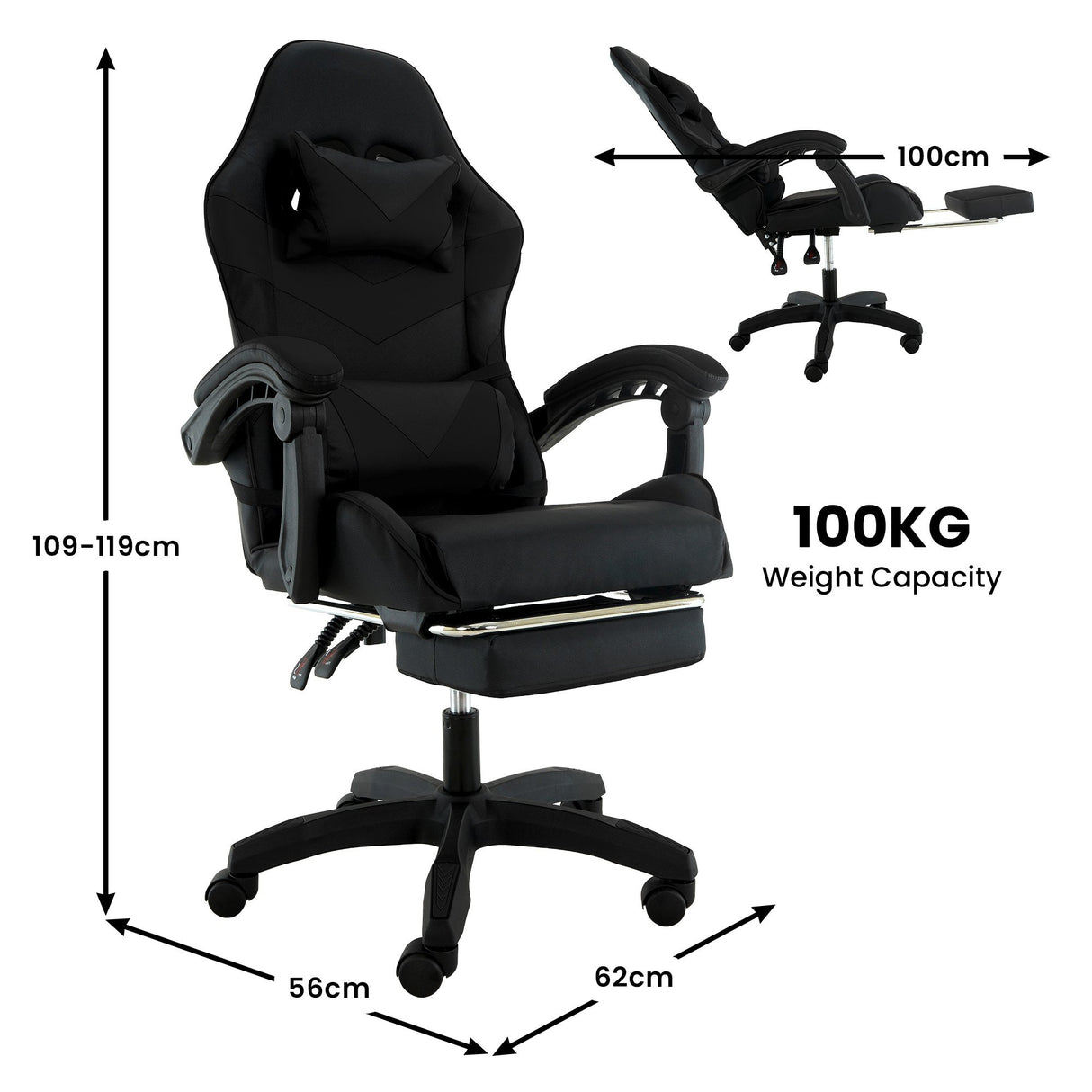 Gracetown black faux leather reclining gaming chair with footrest