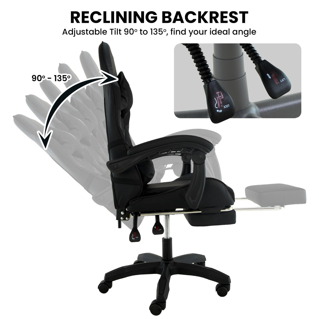 Gracetown black faux leather reclining gaming chair with footrest