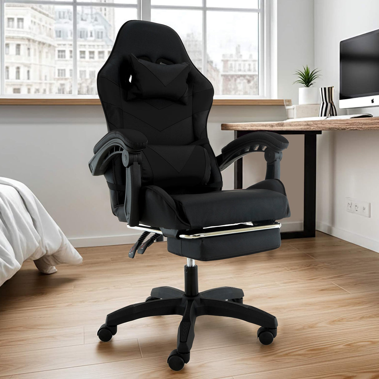 Gracetown black faux leather reclining gaming chair with footrest
