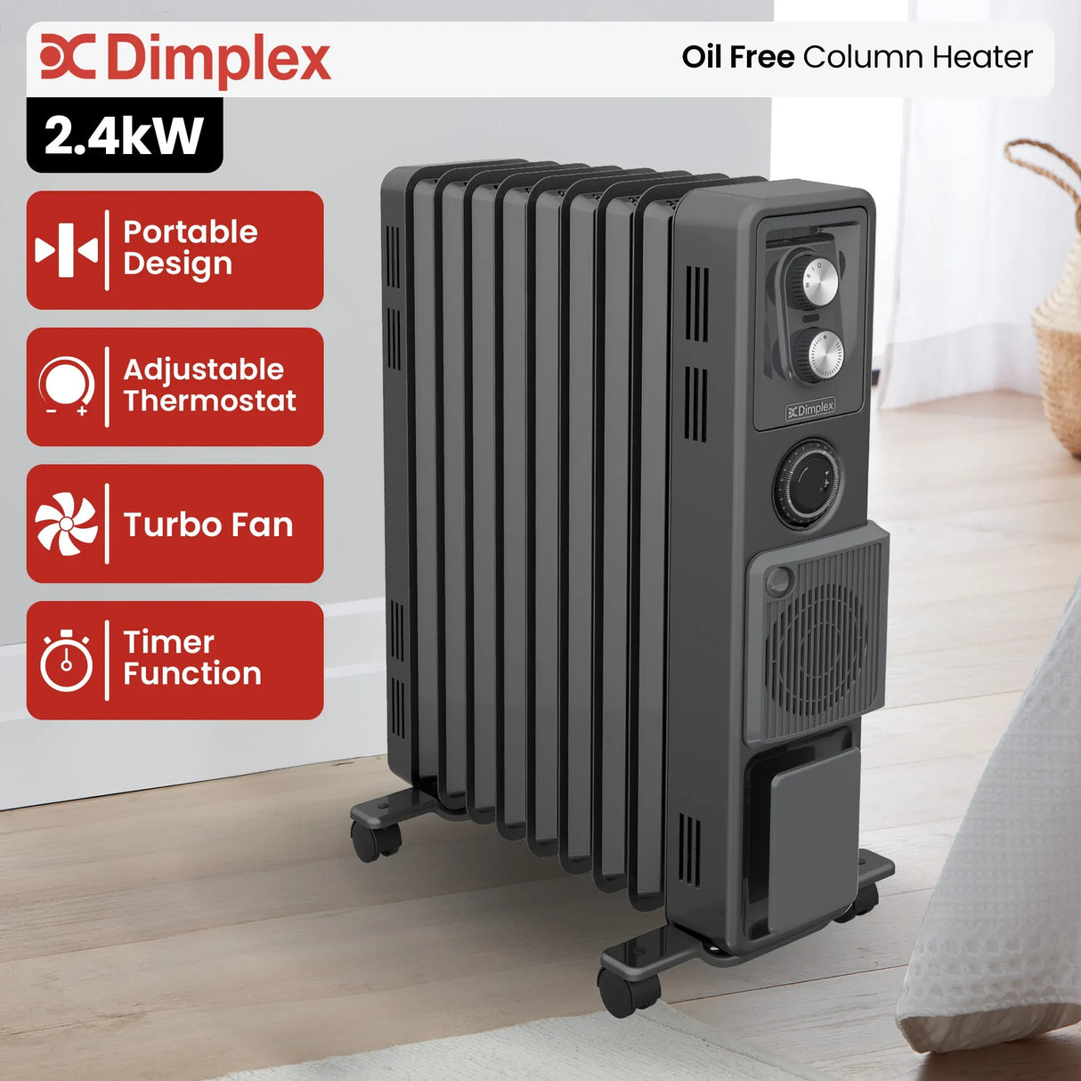 Front view of black column heater showing slim fin design