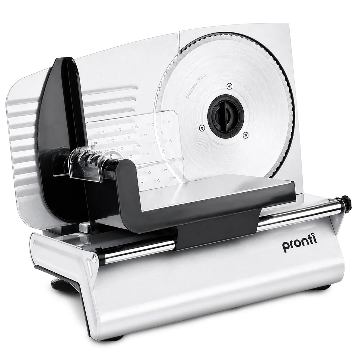 White electric food slicer with 190 mm stainless steel blade and thickness dial