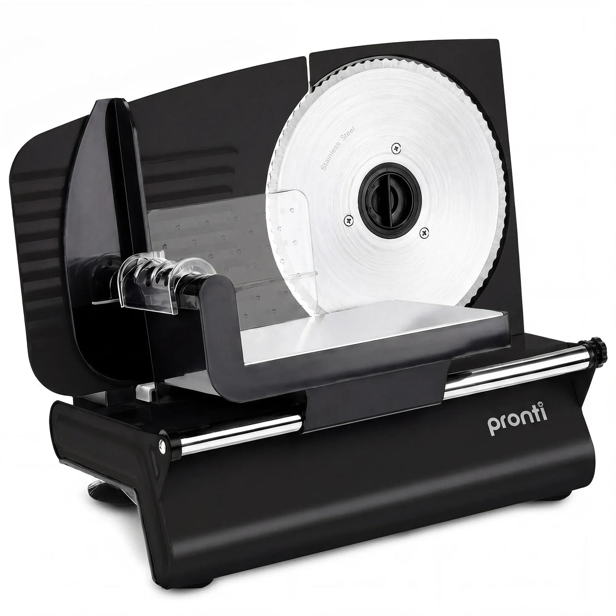 Black electric food slicer with 190 mm stainless steel blade and thickness dial
