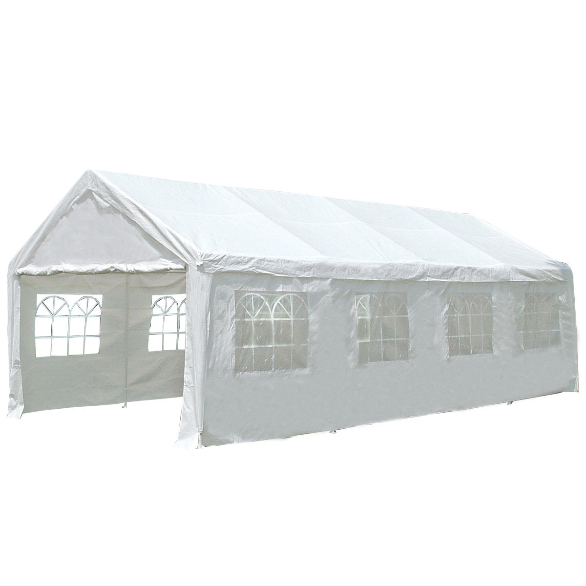 White 4 x 8 m party marquee set up on grass with the side walls fitted