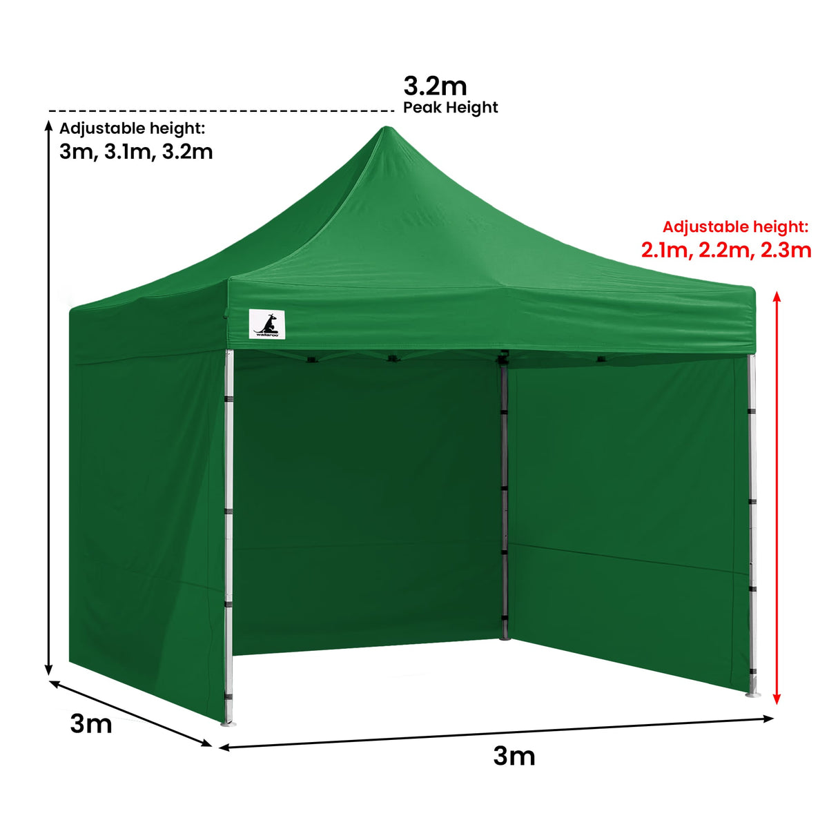 Green pop up marquee with all five wall panels fitted and the door closed