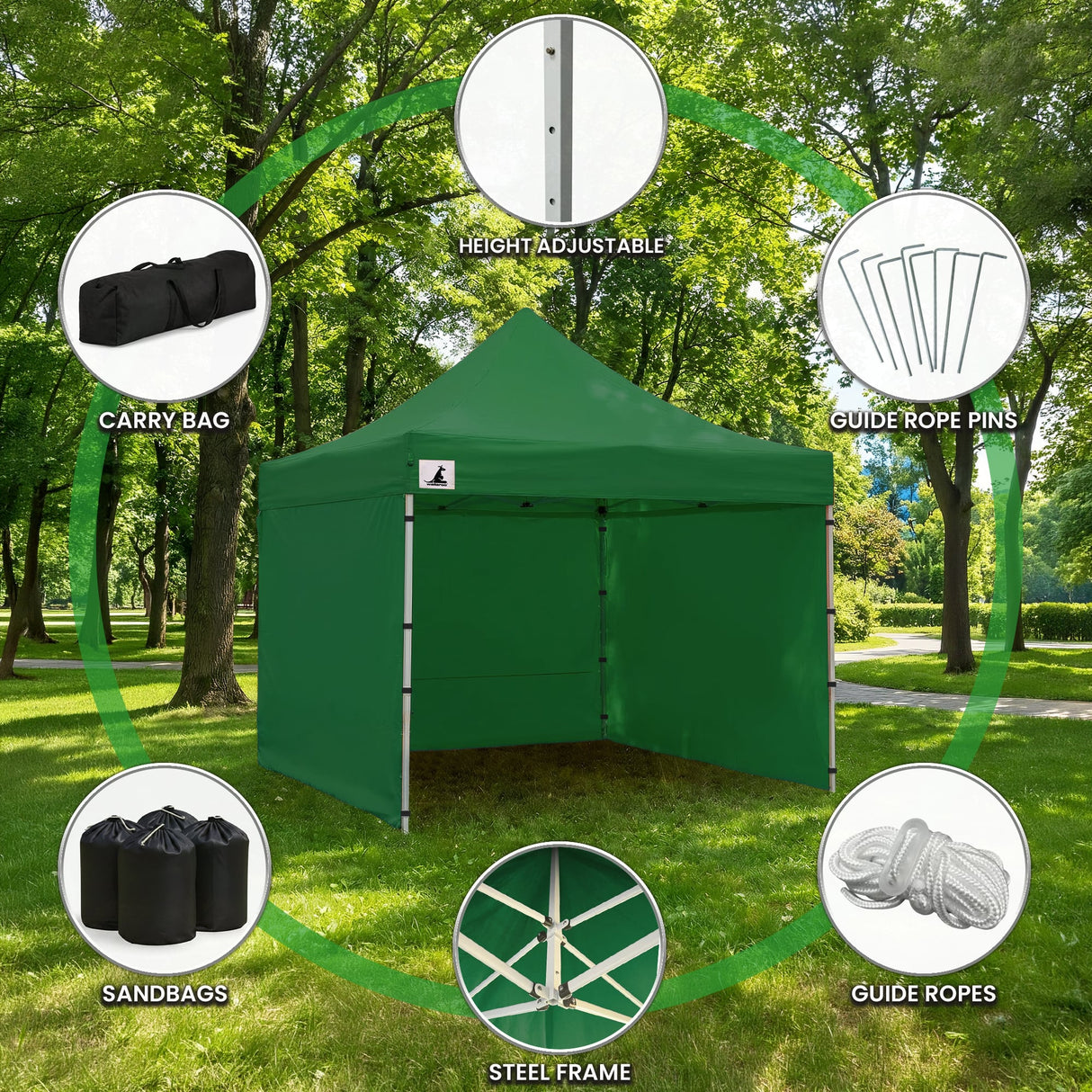 Two people expanding the green gazebo frame during setup