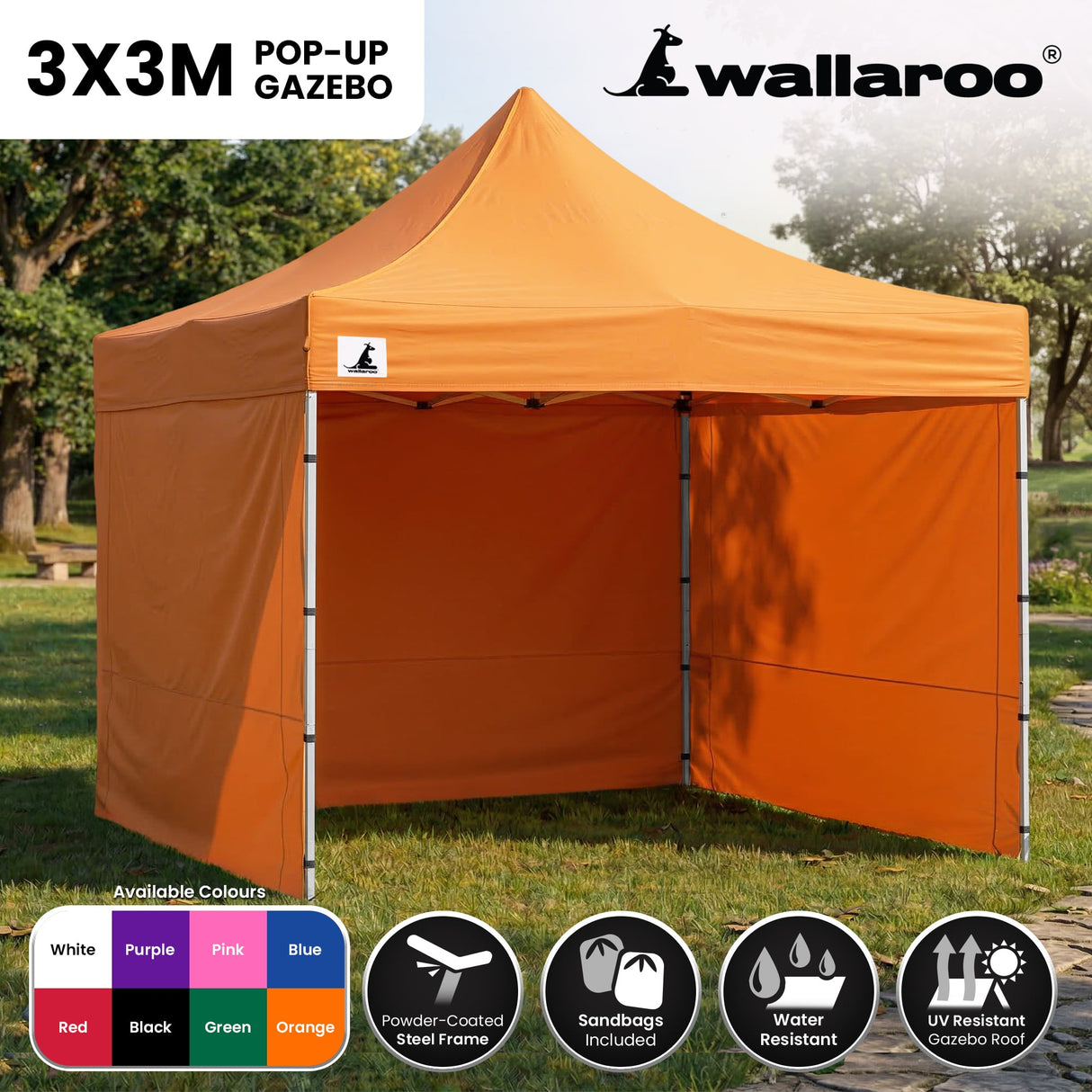 Side view of the orange folding marquee showing the valance and steel legs
