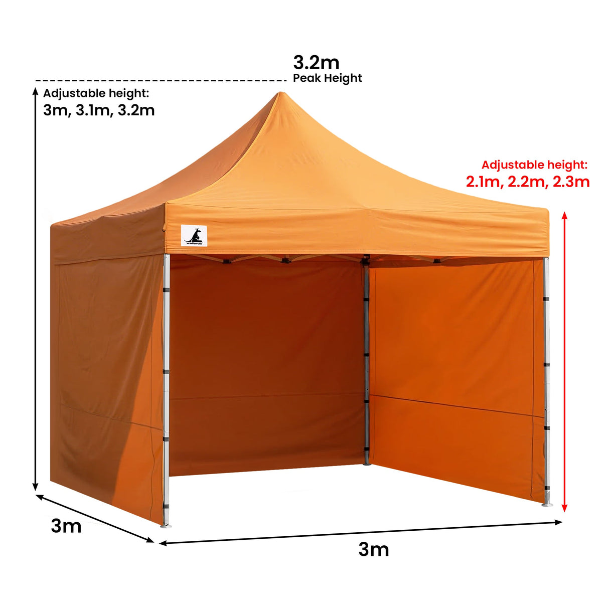 Orange pop up marquee with all five wall panels fitted and the door closed
