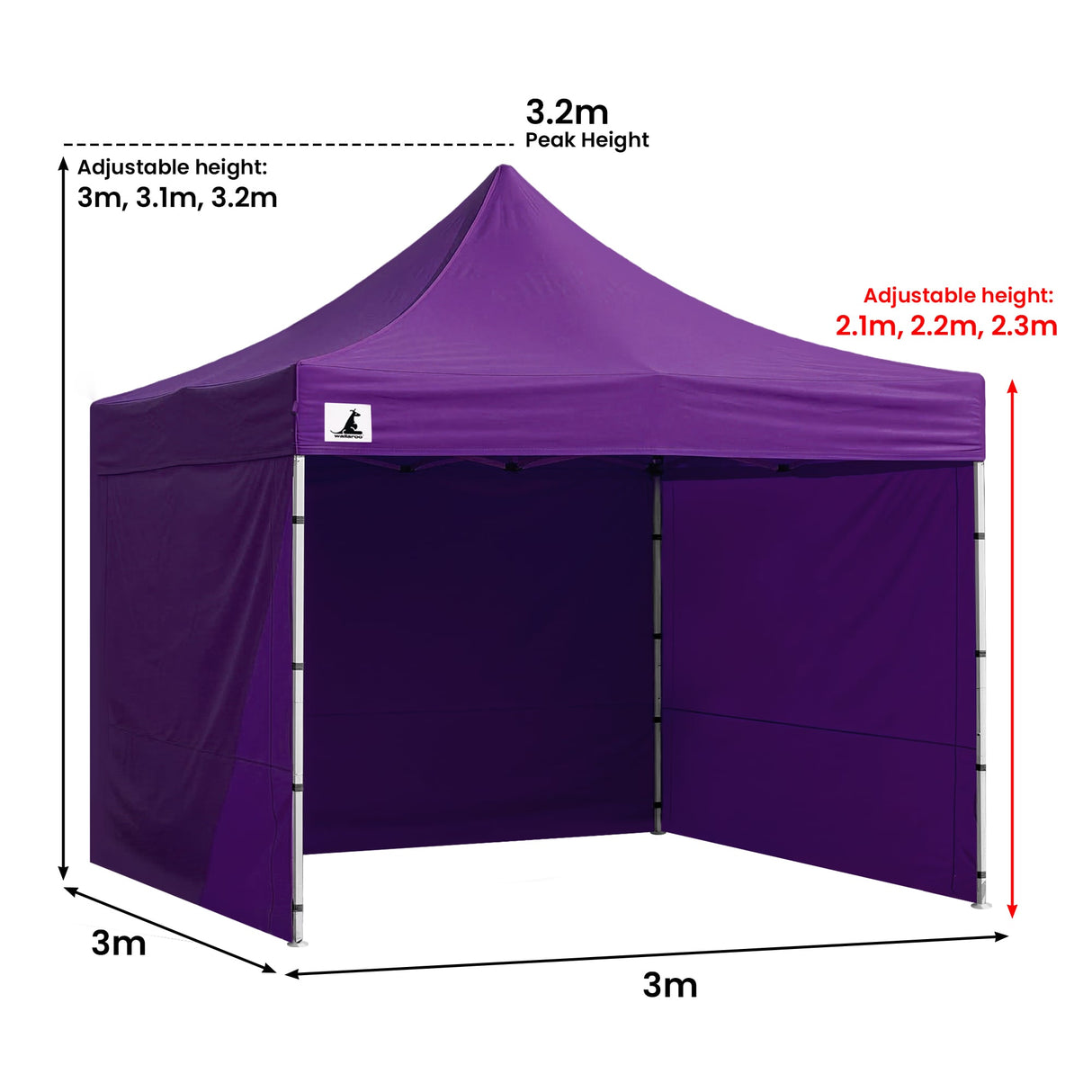 Purple pop up marquee with all five wall panels fitted and the door closed
