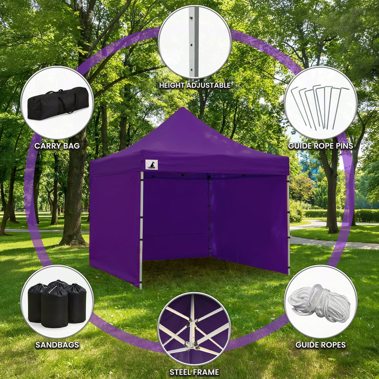 Two people expanding the purple gazebo frame during setup