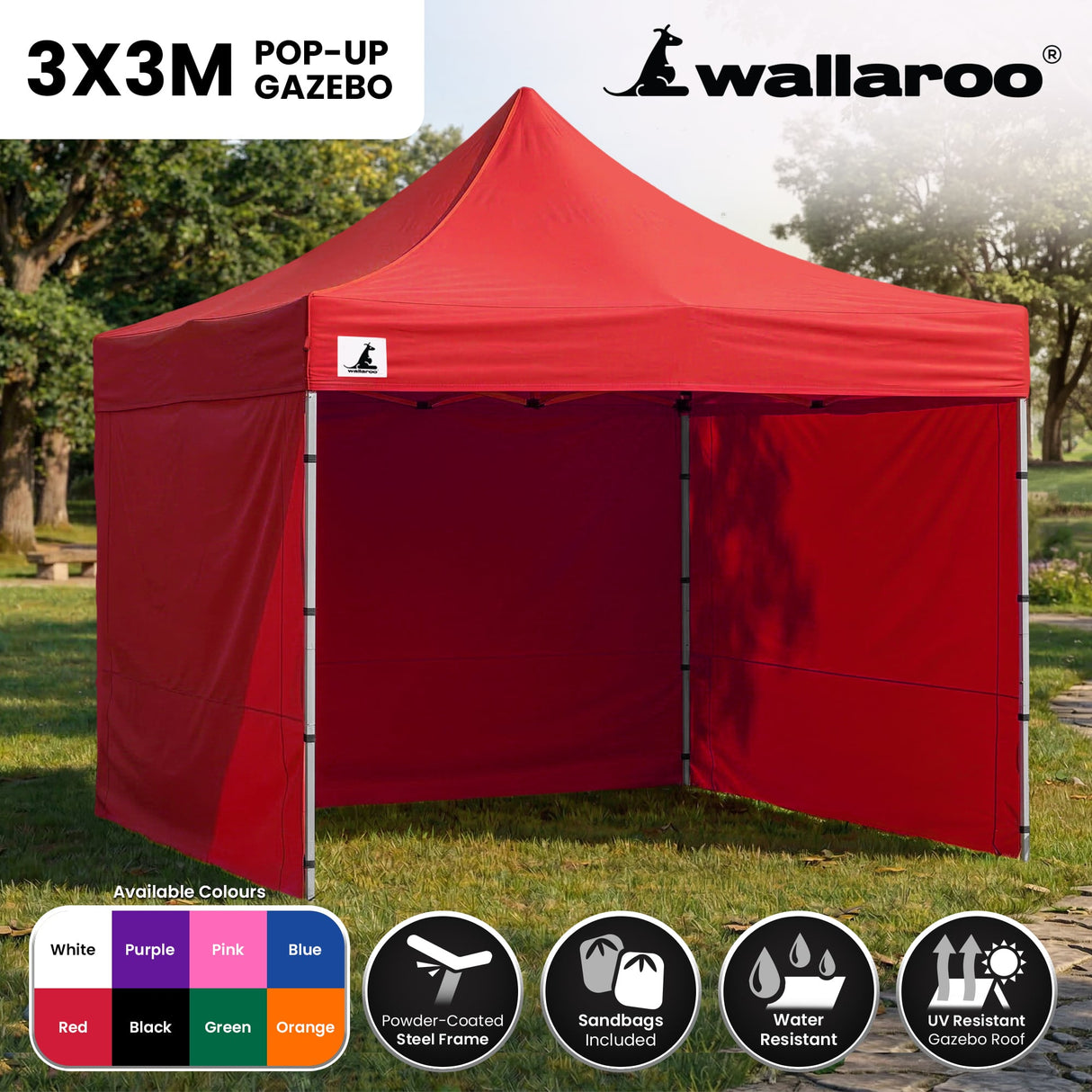 Side view of the red folding marquee showing the valance and steel legs