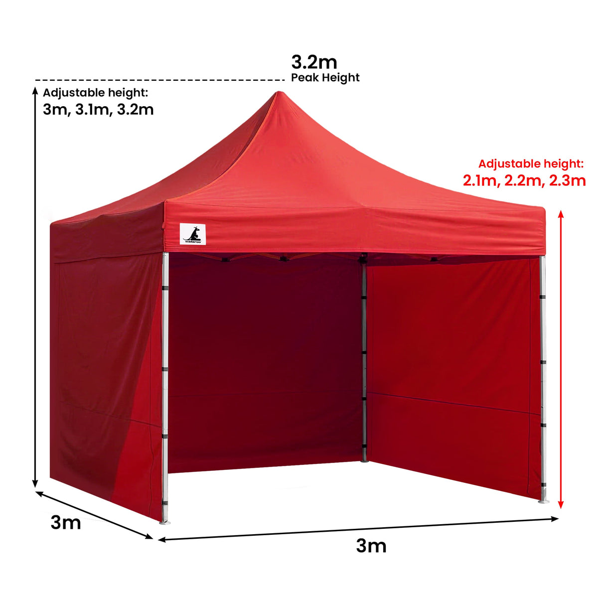 Red pop up marquee with all five wall panels fitted and the door closed