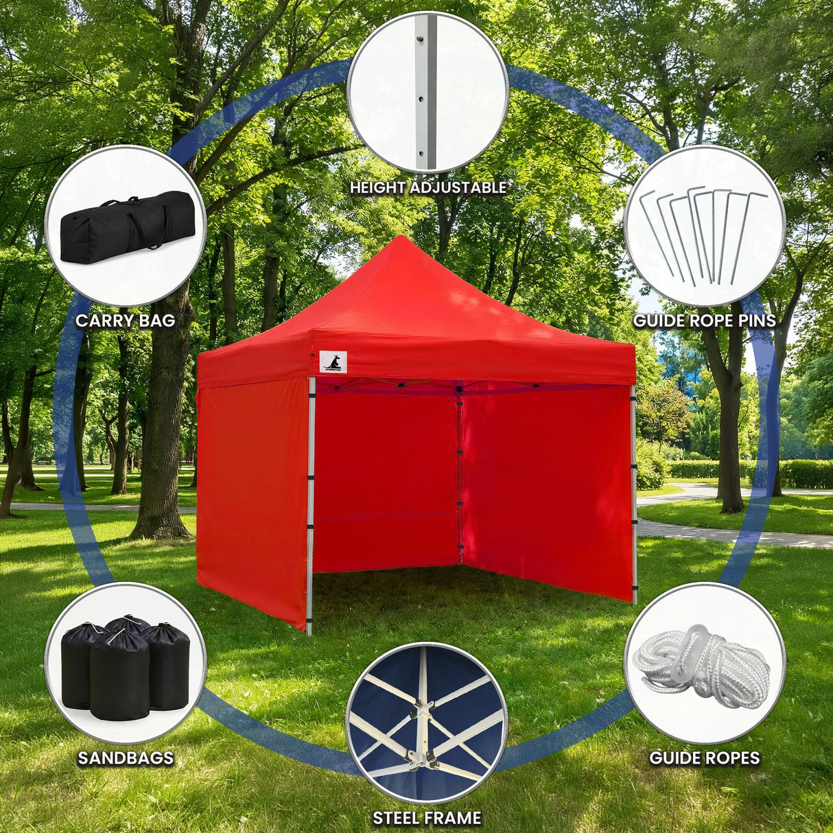 Two people expanding the red gazebo frame during setup