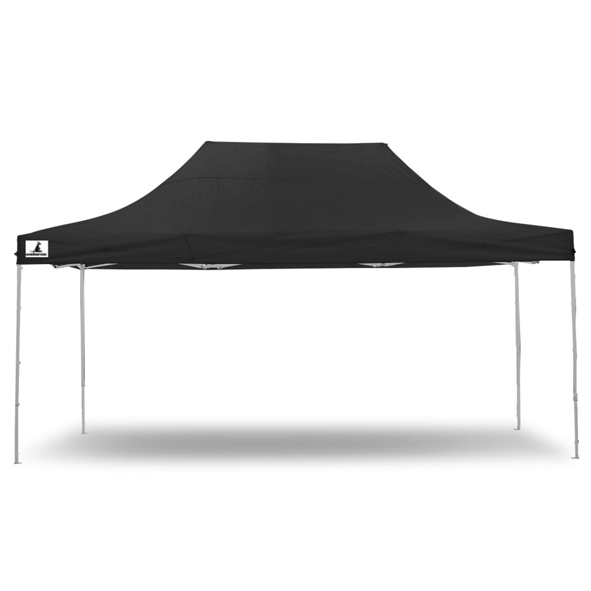 Side view of the black folding marquee showing the valance and steel legs