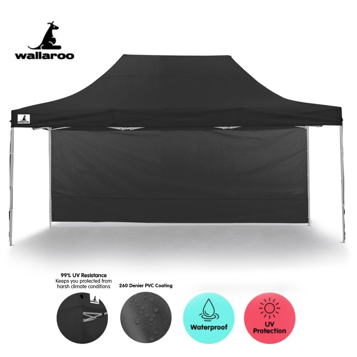 Black pop up marquee with all wall panels fitted and the door zipped closed